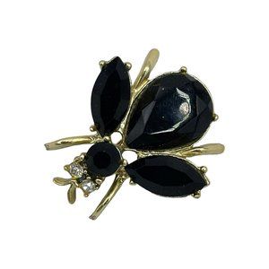 Vintage Queen Bee Brooch Pin Gold Tone Black Stone Body Sparkly Eyes